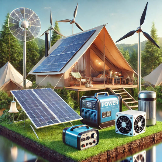 Various power sources for a glamping tent including solar panels, generators, and wind turbines