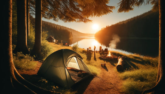 A scenic view of a luxurious glamping campsite with a tent pitched near a forest and a lake during summer, with a sunset in the background, reflecting off the water.