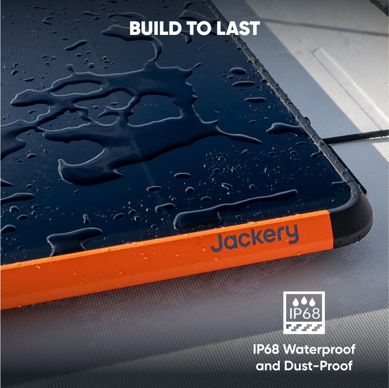 Jackery device with water droplets on a gray background, emphasizing waterproof feature.