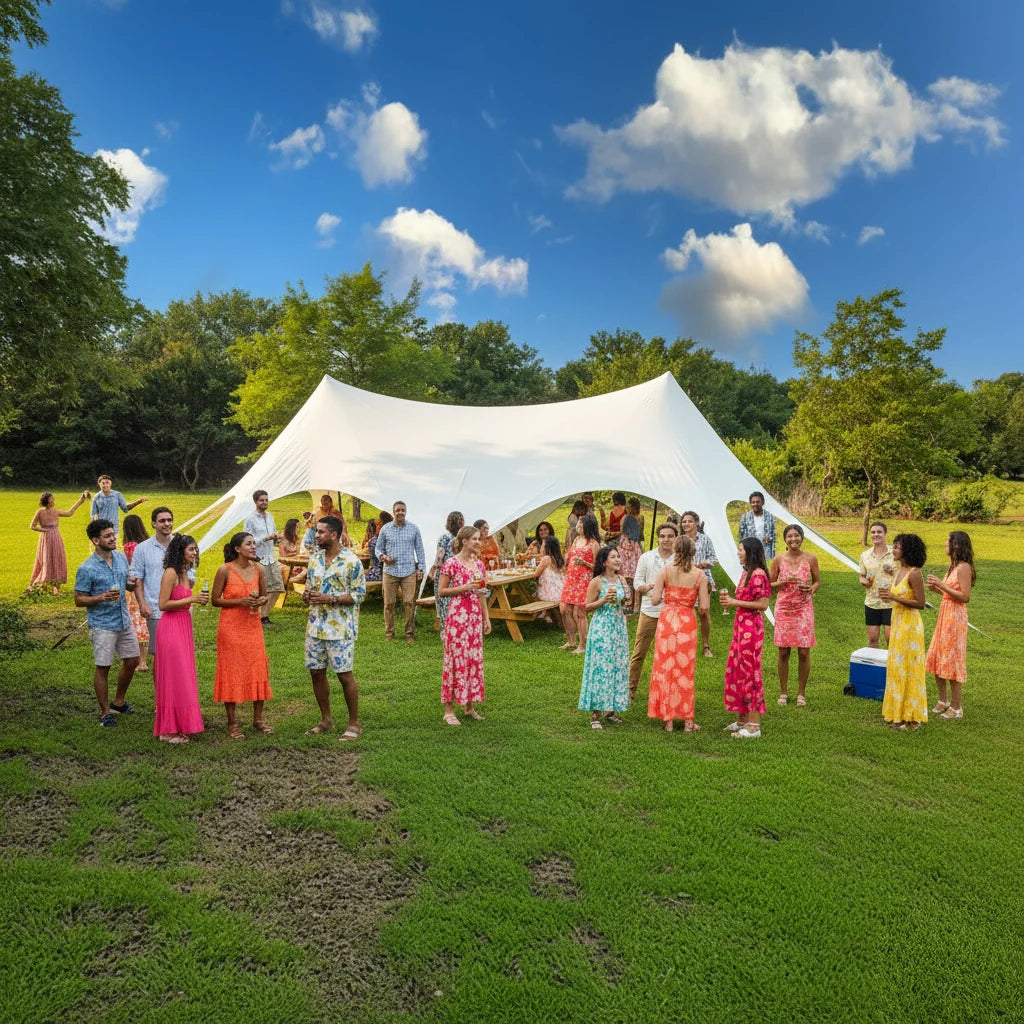Group of people standing in a grassy field with a white tent in the background