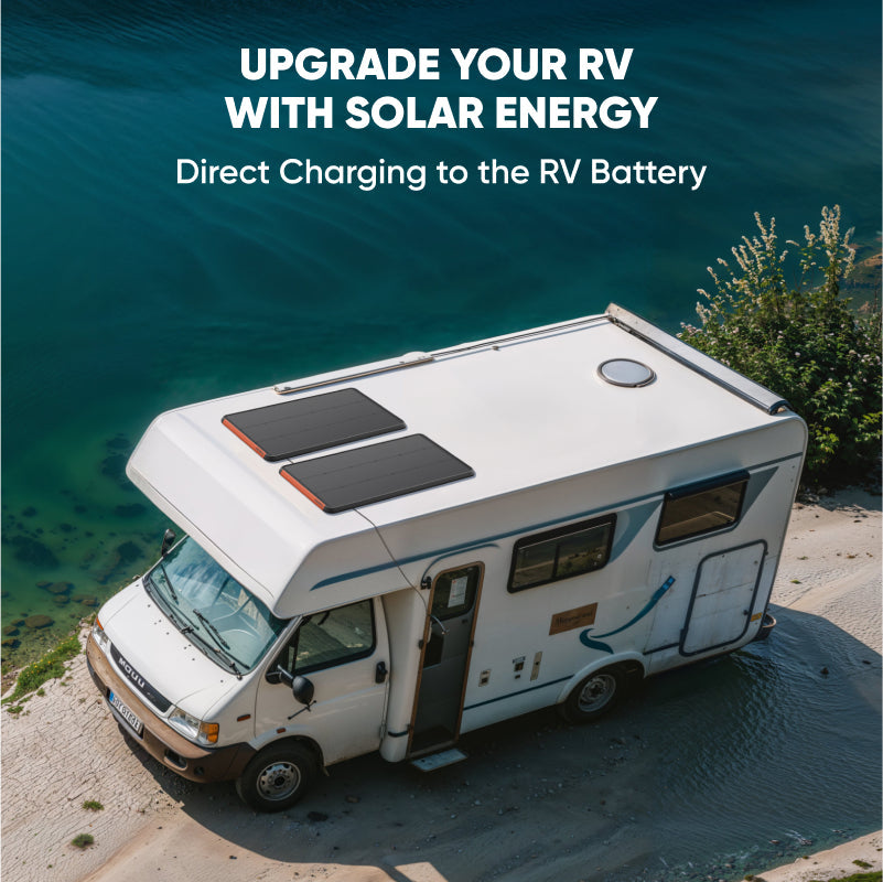 RV with solar panels on a scenic background with text about upgrading with solar energy.