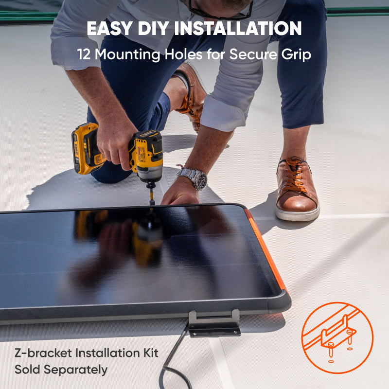 Person using a drill to install a solar panel with text about easy DIY installation and mounting holes.