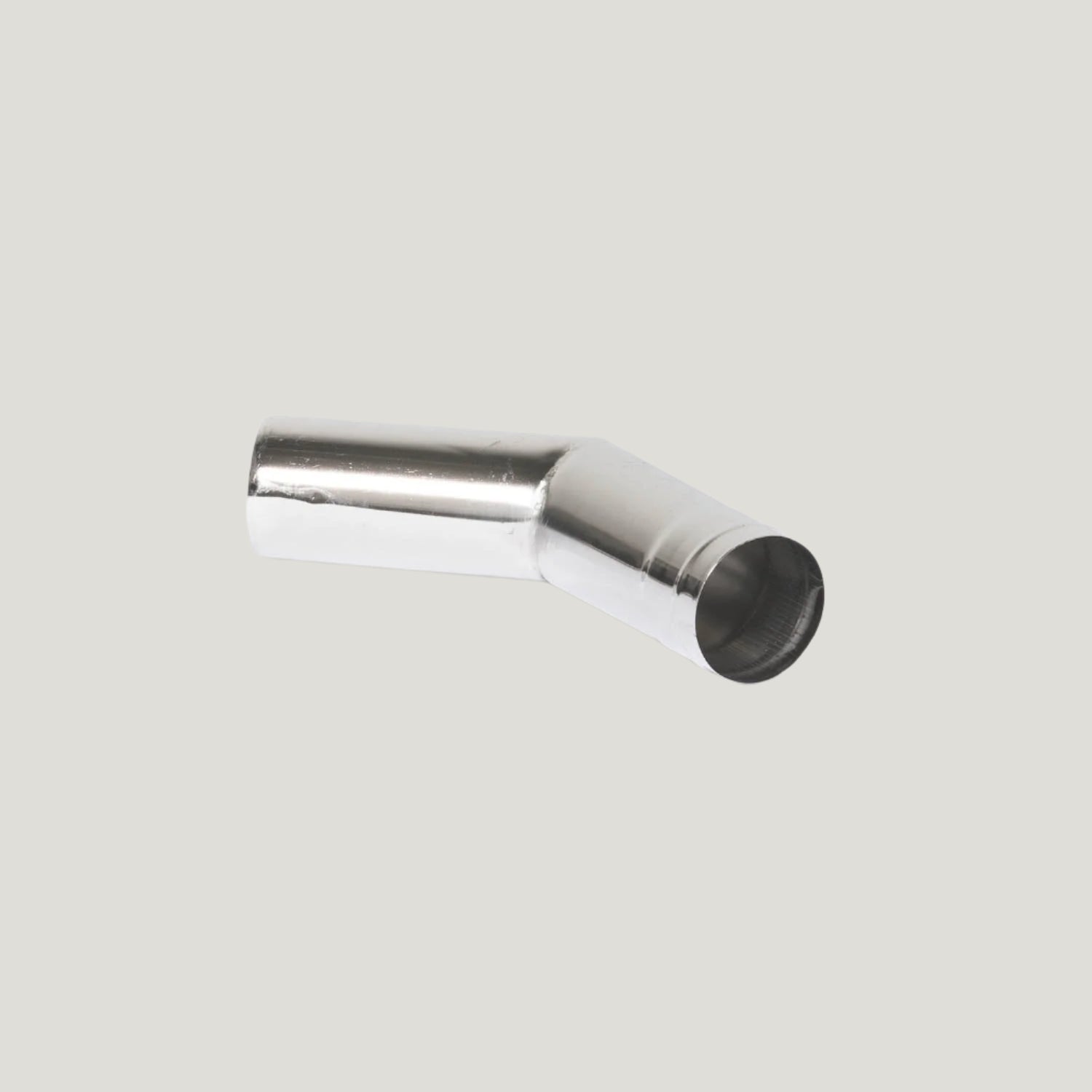 A 45-degree stainless steel pipe section designed for use with wood stoves.