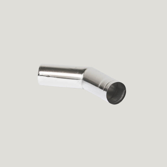 A 45-degree stainless steel pipe section designed for use with wood stoves.