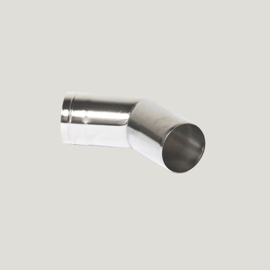 A 45-degree stainless steel pipe section designed for use with a wood stove.
