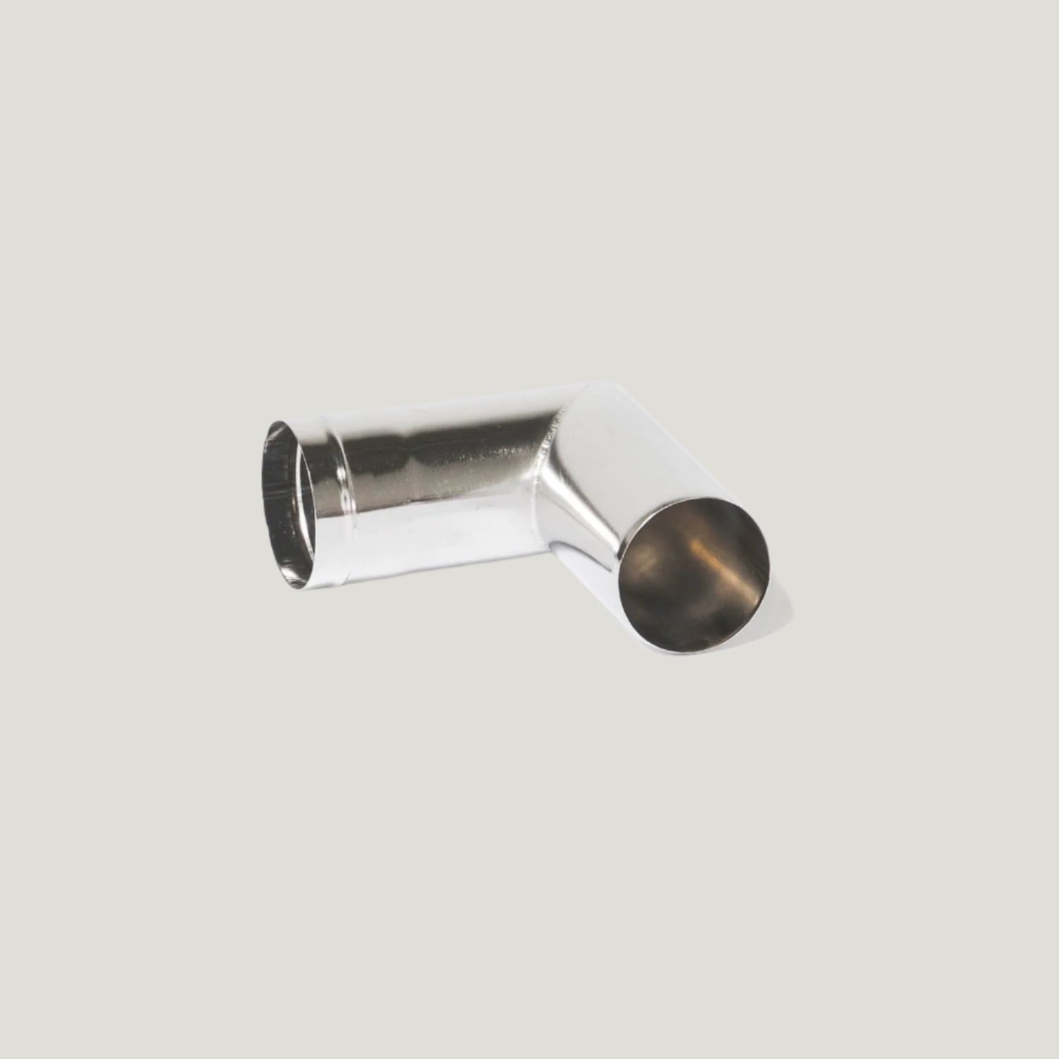 A silver-colored 90-degree pipe section designed for use with wood stoves, featuring a round flue opening and a bent metal structure.