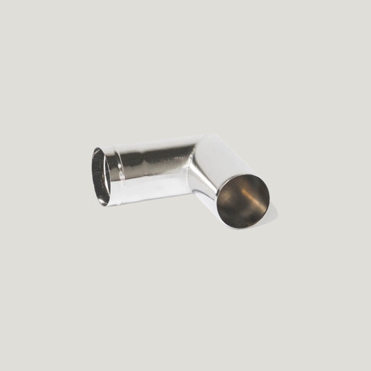 A silver-colored 90-degree pipe section designed for use with wood stoves, featuring a round flue opening and a bent metal structure.