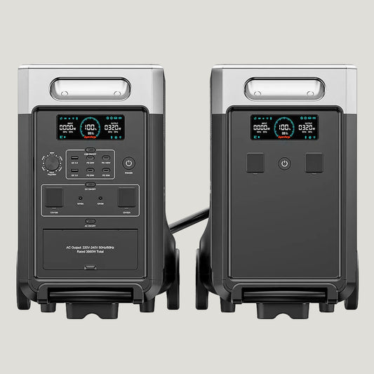 Two power station units with digital displays on a white background