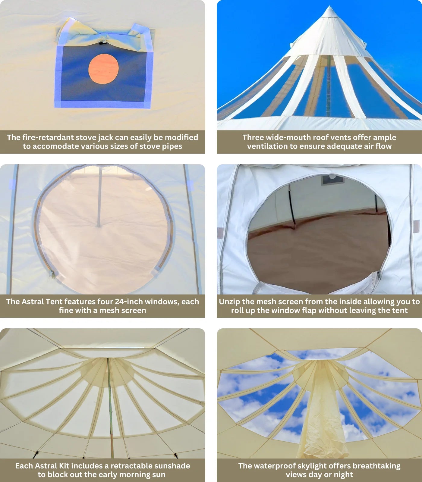 Astral Tent features with text describing its features