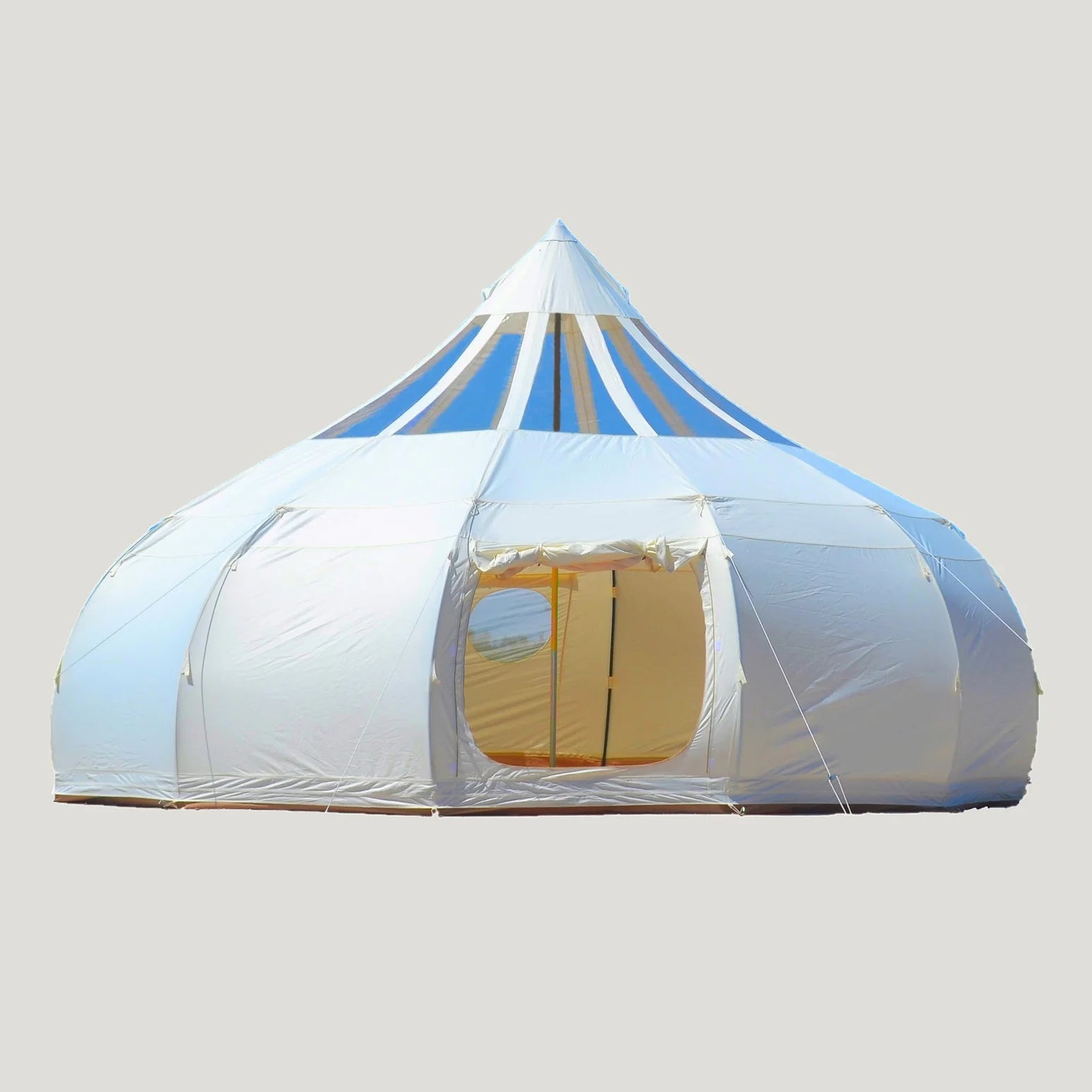 White and blue tent with a beige interior on a gray background