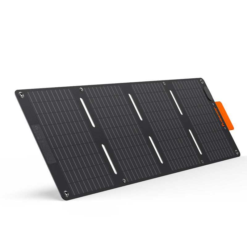Foldable solar panel with orange brand label on a white background