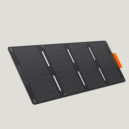 Foldable solar panel with orange brand label on a white background