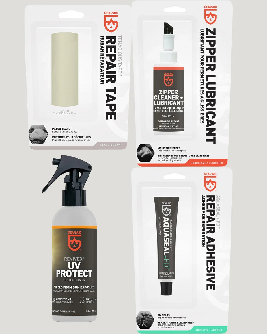 Collection of outdoor repair and protection products including repair tape, zipper lubricant, UV protectant, and adhesive on a white background.