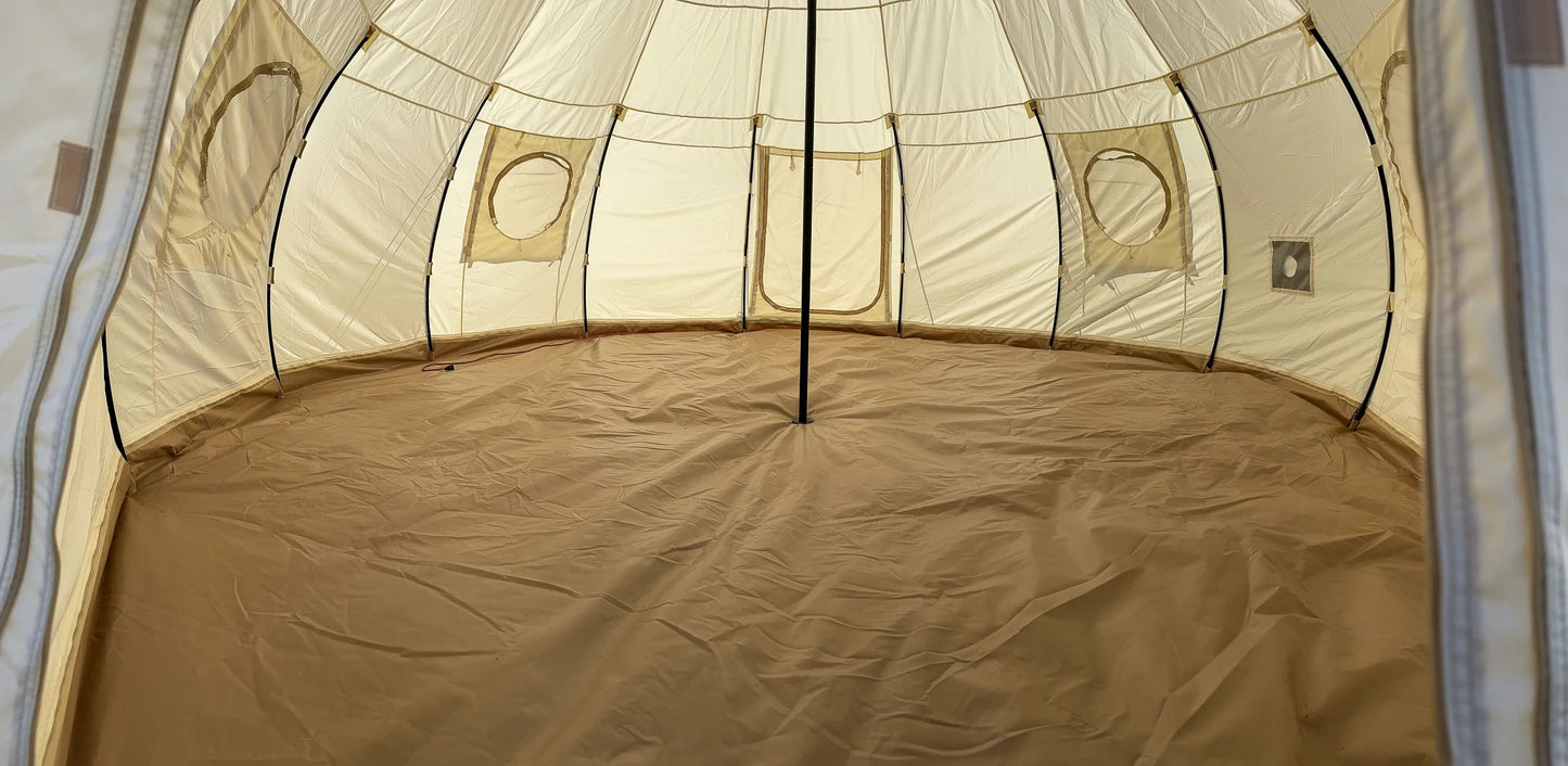 Camping tent interior with beige fabric and black poles