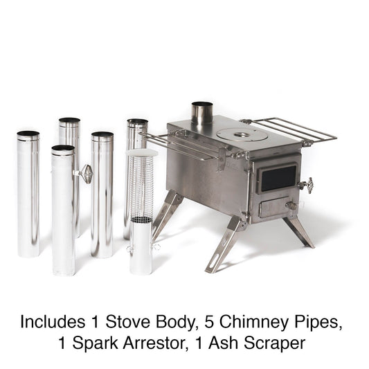 Glamping tent stove showing included components