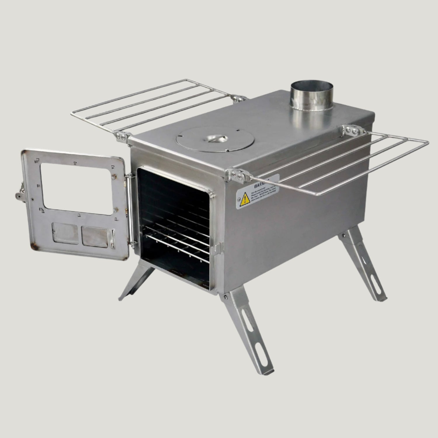 The Winnerwell Nomad Large showing its large firebox and implied heating ability for larger glamping tents