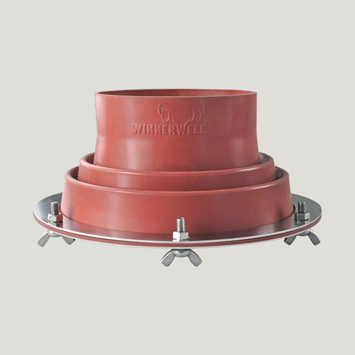 A red silicone flashing kit designed for a weather shelter, featuring metal clamps and the Winnerwell brand logo.