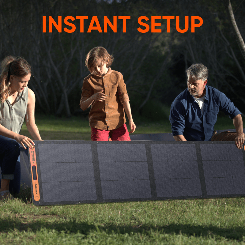Family setting with a solar panel, text 'Instant Setup' at the top.