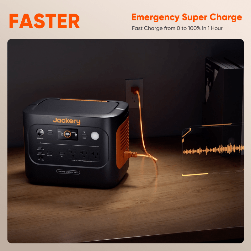 Jackery emergency power station with cable plugged into a wall socket on a wooden surface.