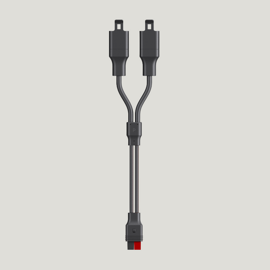 Black cable with dual connector on a white background