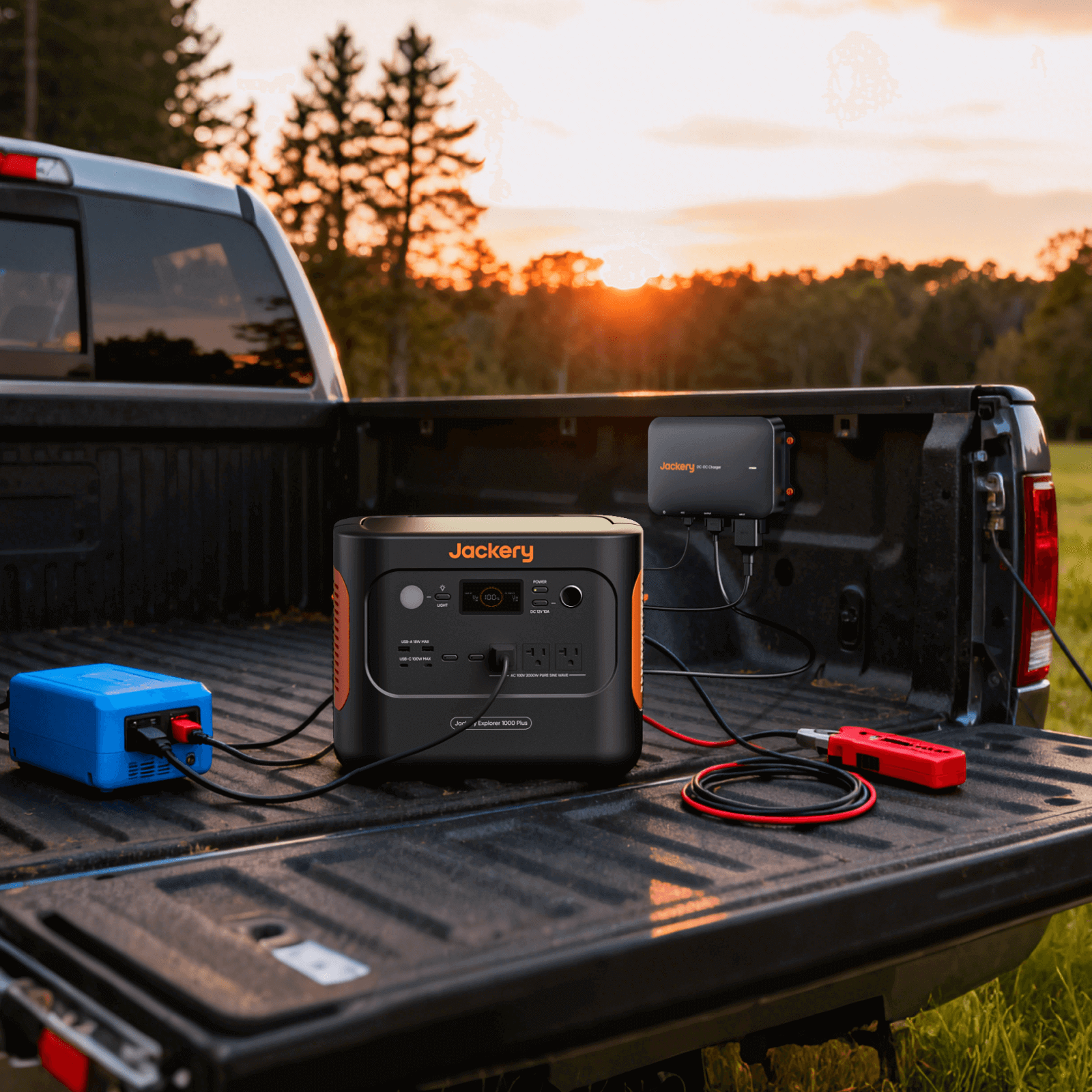 Jackery portable power station on a truck bed with sunset in the background