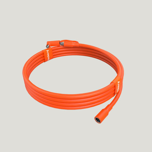 Orange cable with a brand logo on a white background