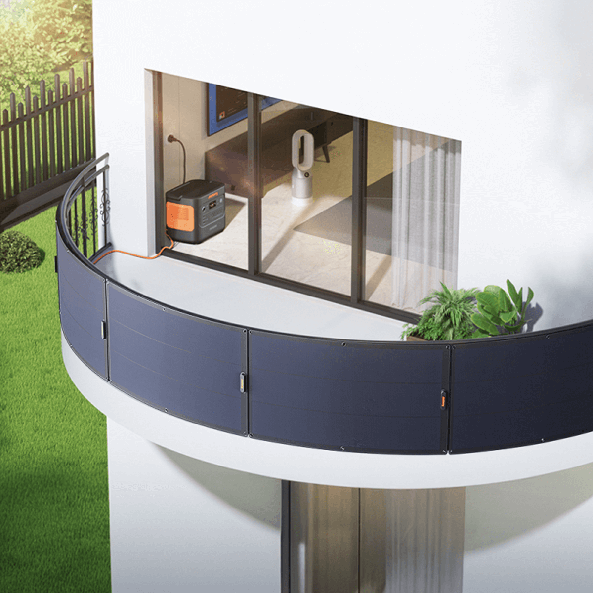 Balcony with curved glass railing, green grass, and a white wall.