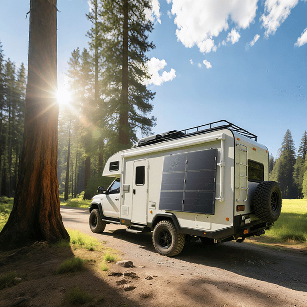 White off-road camper with solar panel in a forest setting