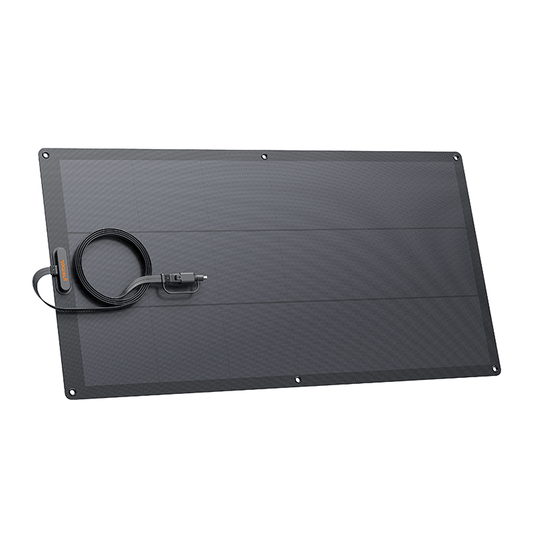 Black solar panel with cable on a white background