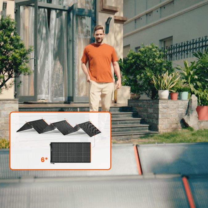 Man standing outdoors with a product inset showing solar panels.