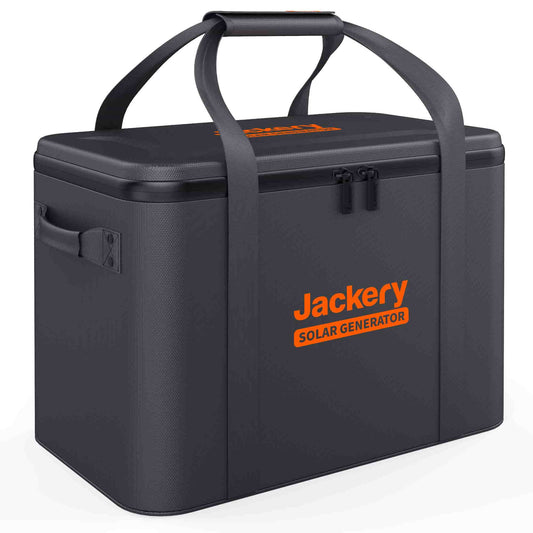 Black portable solar generator with 'Jackery' branding on a white background