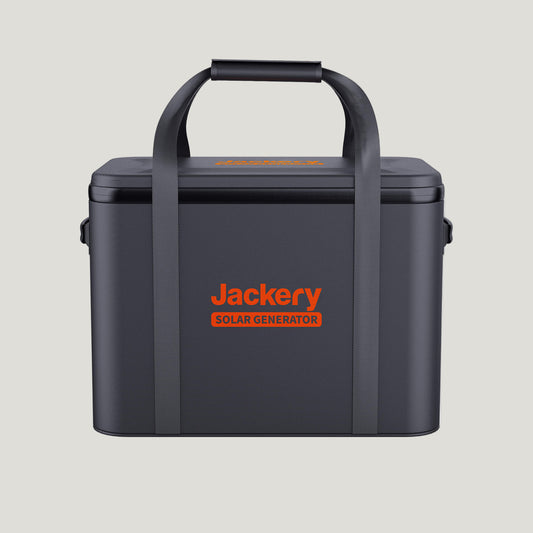 Black Jackery solar generator with orange logo on a white background