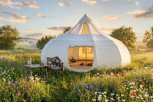 Glamping tent set up in spring meadow with wildflowers and green grass in early morning light