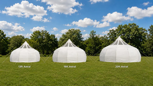  Three glamping tents in different sizes set up side by side on grass showing scale comparison