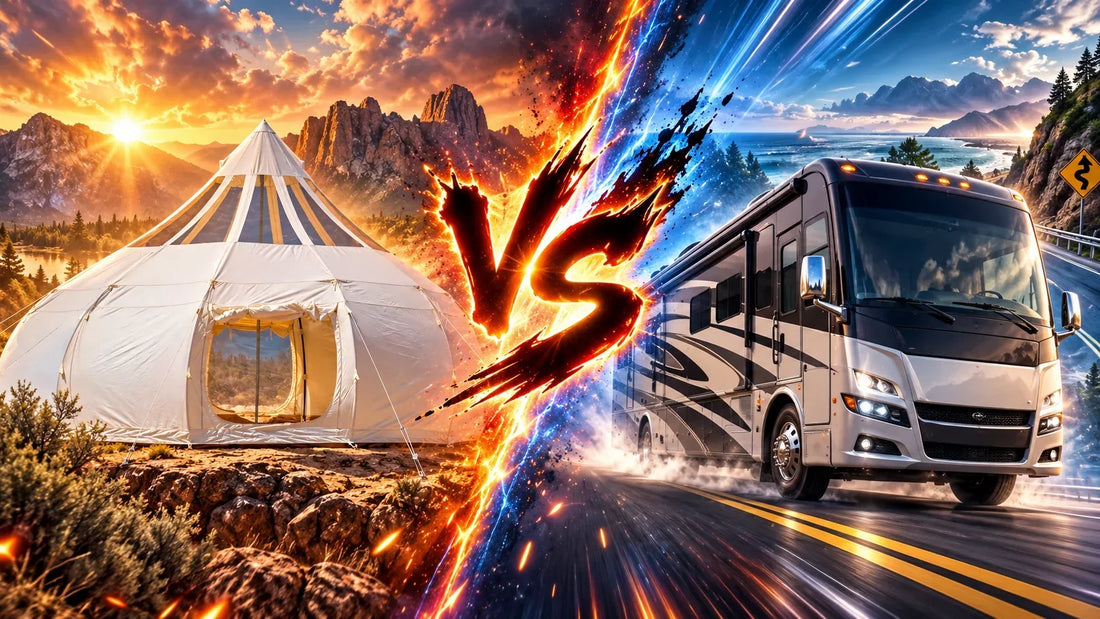 A glamping tent set up in a remote natural location inaccessible to an RV