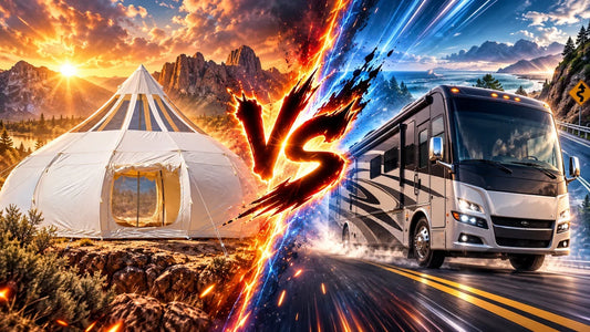 A glamping tent set up in a remote natural location inaccessible to an RV