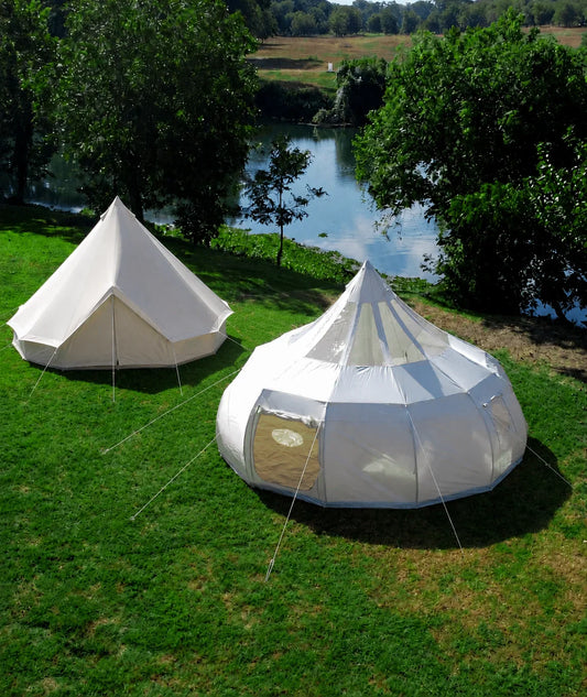Side by side comparison of a yurt-style glamping tent with vertical walls and a traditional bell tent with sloped walls