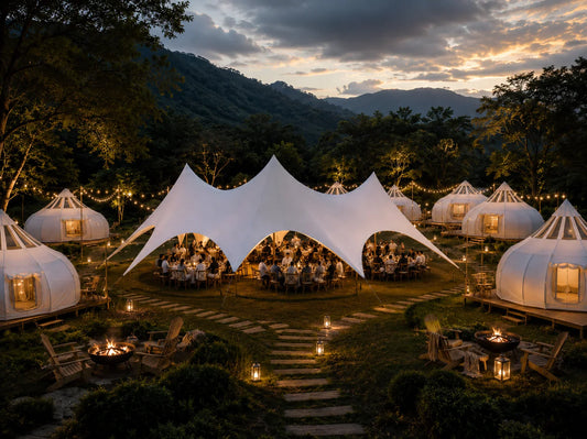 Glamping site arranged for a corporate retreat with multiple tents and a large central event canopy covering dining tables