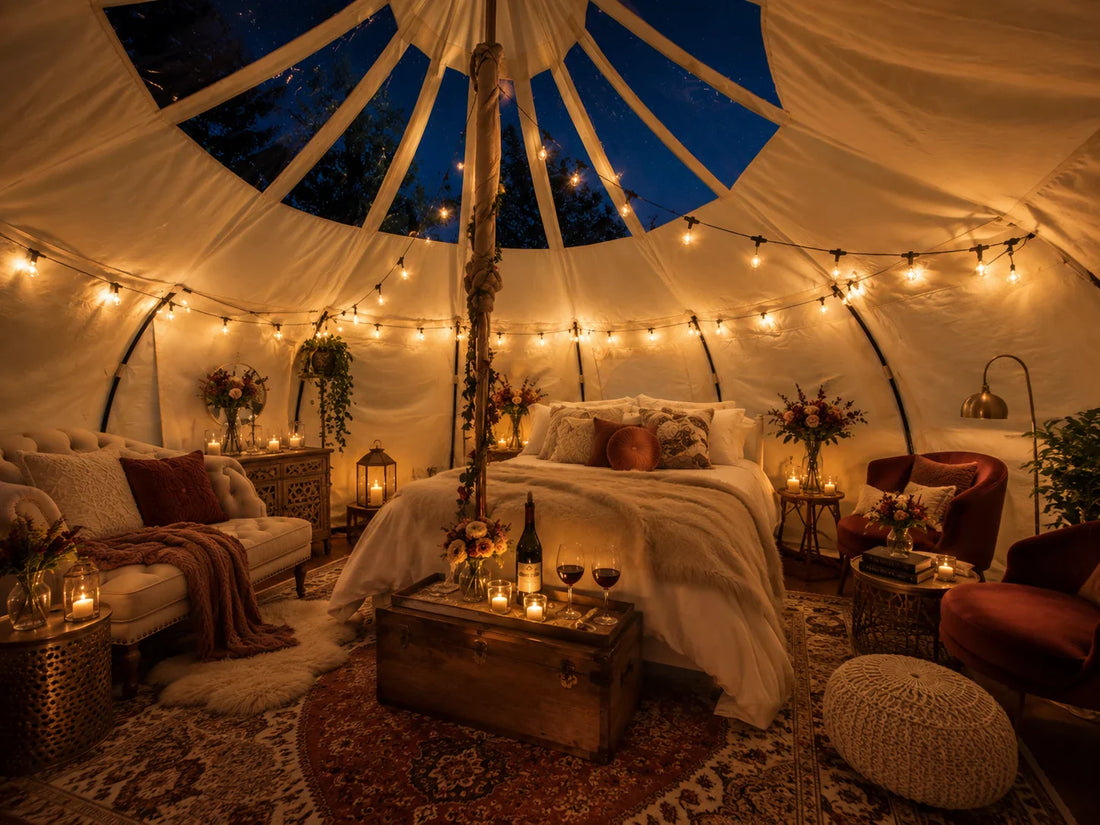 Romantic glamping tent setup for two with string lights, plush bedding, and a stargazing skylight above the bed