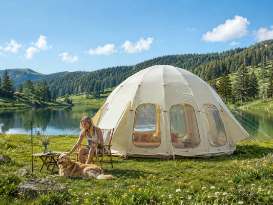 A dog relaxing with its owner outside of a glamping tent in a summery valley by a lake