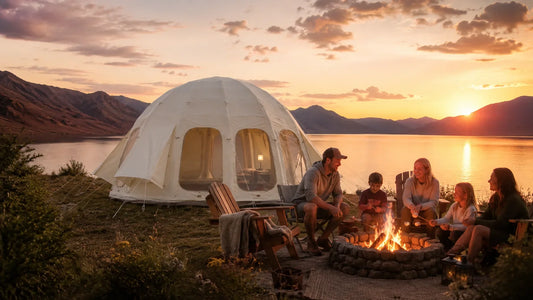 A family around a fire pit at dusk beside a glowing glamping tent at the end of summer