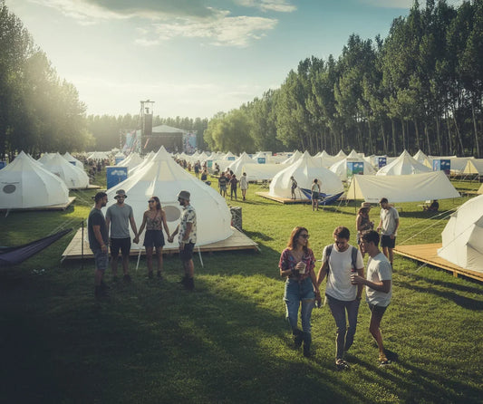  Glamping tents set up at an outdoor festival site with string lights and open field in golden hour light