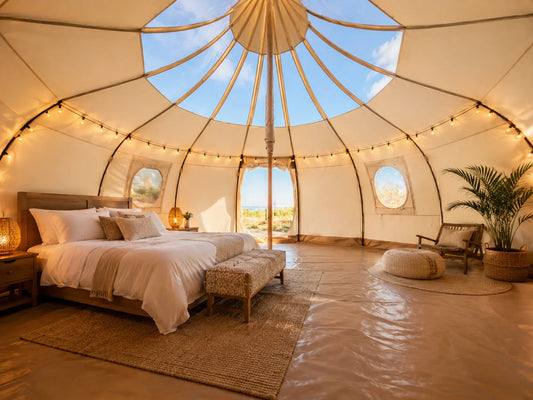 Furnished glamping tent interior with king bed white linens string lights rug and warm ambient lighting