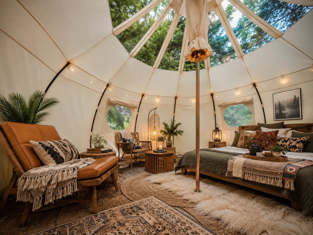 A premium glamping tent at golden hour representing the growing appeal of glamping over traditional hotels