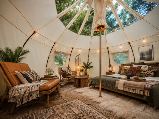 A premium glamping tent at golden hour representing the growing appeal of glamping over traditional hotels