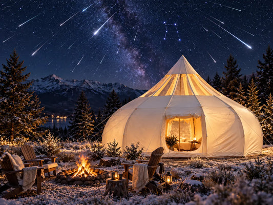 Meteor streaks across a winter night sky above a warmly glowing glamping tent with frost on the ground