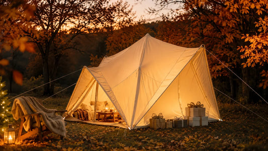 A warmly glowing glamping tent with a wood stove in a autumn setting, presented as a holiday gift idea