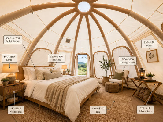  Well-furnished glamping tent interior showing the quality and value of a complete glamping setup
