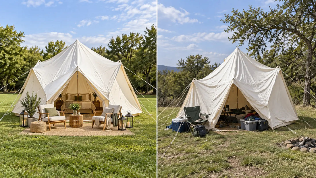 A properly set up and well-positioned glamping tent demonstrating correct setup practices