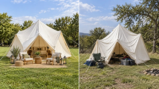 A properly set up and well-positioned glamping tent demonstrating correct setup practices